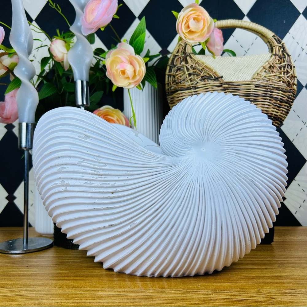Large Distressed Shell Vase White Resin Organic Sculptural Form Coastal Luxury